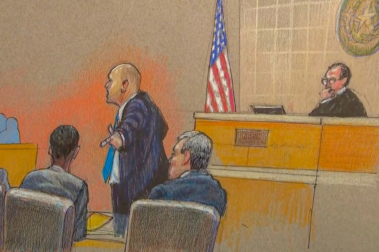 A courtroom sketch shows the district attorney pointing at Karmelo Anthony, center, at the defense table in opening arguments on June 4, in McKinney, Texas.