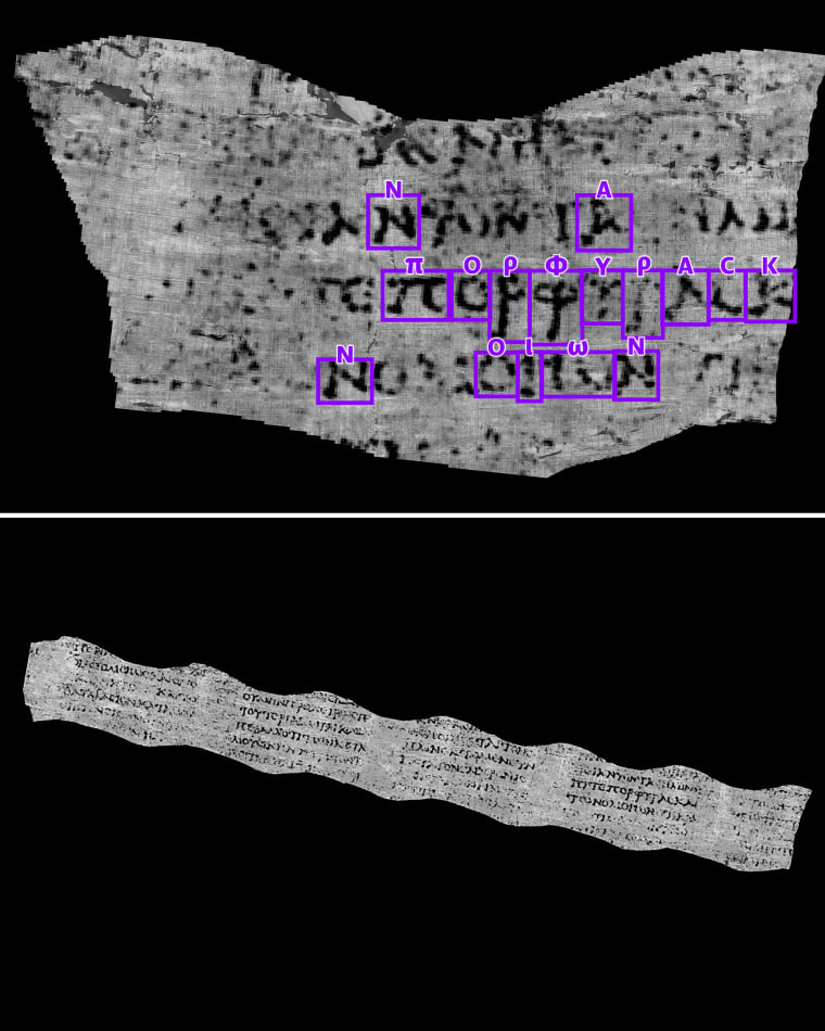 The Greek characters, πορφύραc, revealed as the word “PURPLE,” are among the multiple characters and lines of text Vesuvius Challenge contestant Luke Farritor has extracted.