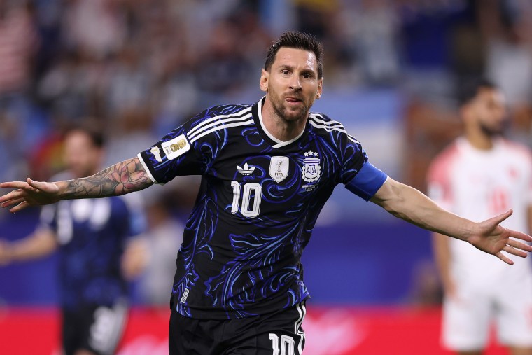 Lionel Messi #10 of Argentina celebrates scoring his team's third goal during the FIFA World Cup 2026 Group J match between Jordan and Argentina at Dallas Stadium on June 27, 2026 in Arlington, Texas.